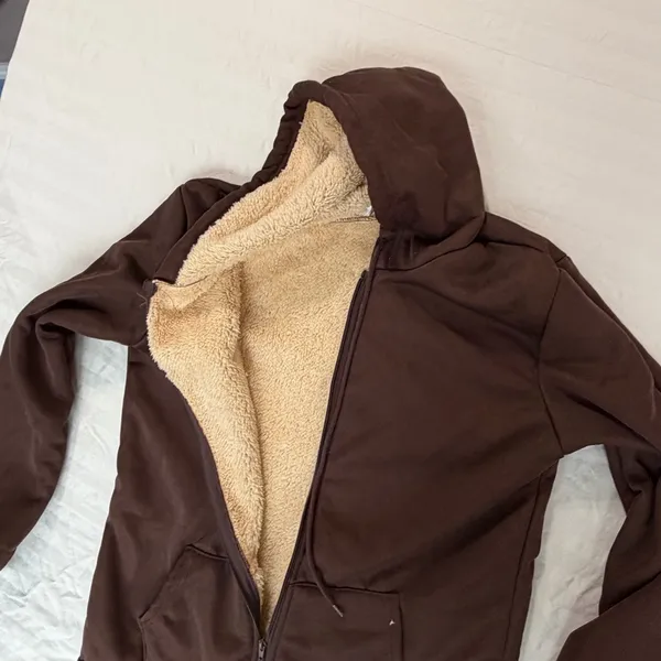 Women's Brown and Cream Fuzzy Lined Zip Up Hoodie Size S #260425 - Image 5