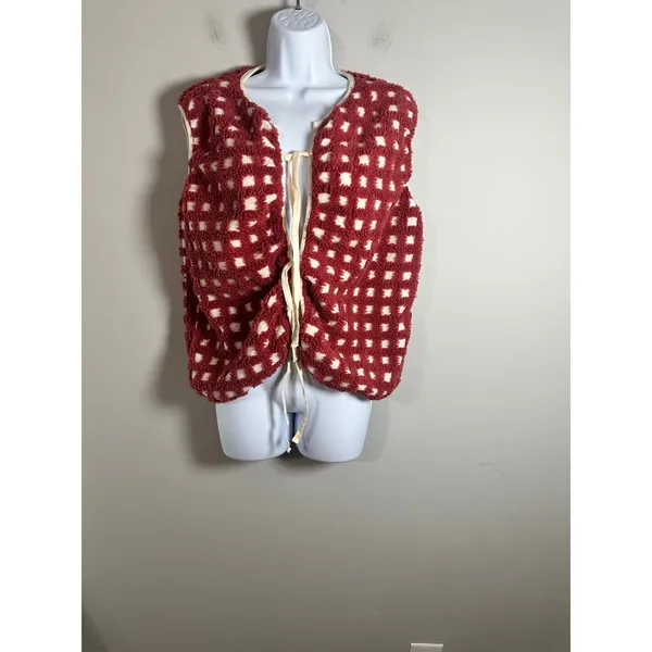 Anthropologie Red Checkered Fleece Tie Front Vest One Size OS JK THINGS VEST - Image 5