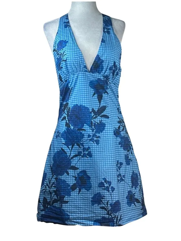 Jewel x Badgley Mischka Halter V-Neck Mini Dress in Blue 6 Womens Floral - Image 5