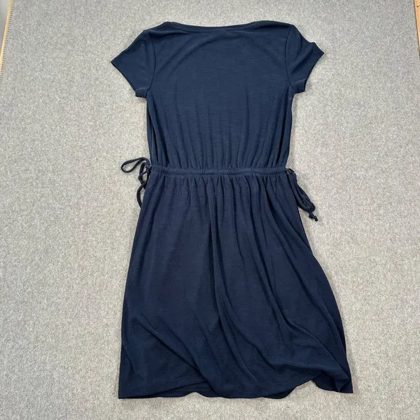 Rachel Zoe Ribbed Knit Blouson Dress Women's XS Navy Blue Side Ties Short Sleeve - Image 8