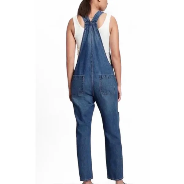 GAP Denim Slouchy Overalls Distressed Medium Wash Bib Jeans Size M Ankle Length - Image 2