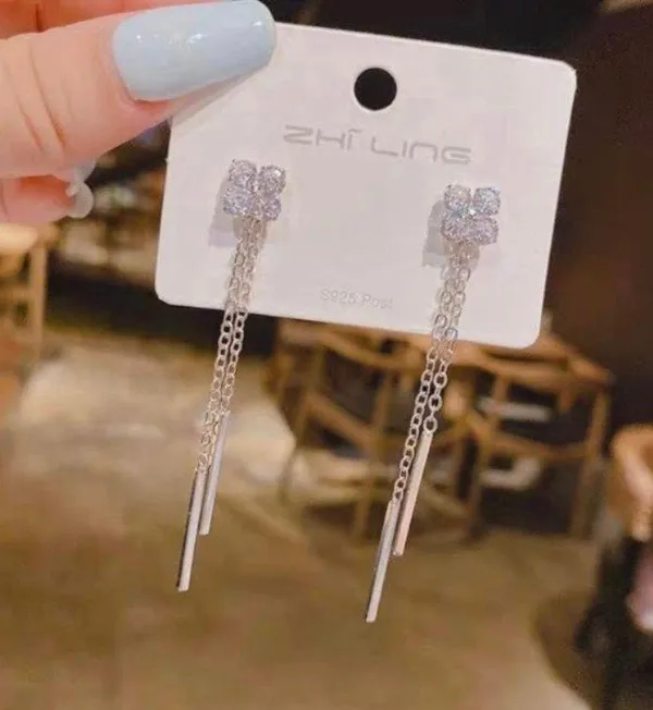 Women’s Crystal Flower Long Tassel Dangle Drop Earrings - Image 4