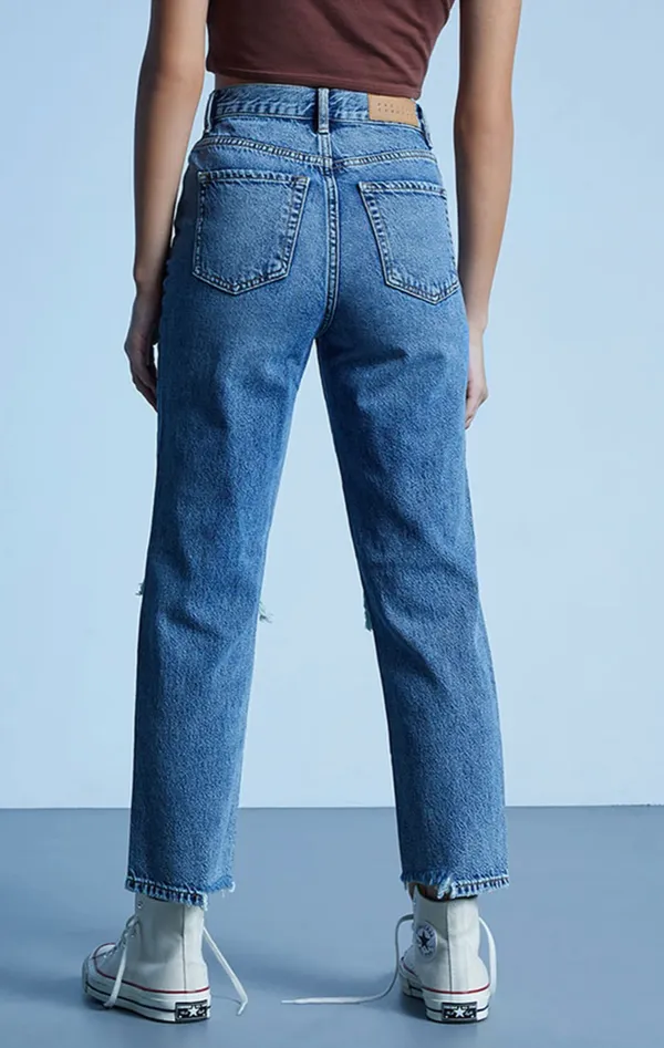 PacSun Eco Medium Blue Distressed High Waisted Straight Leg Jeans - Image 4