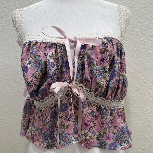 FOR LOVE & LEMONS Willow Multi Floral Bow Tie Ribbon Bow Coquette Top Purple XL - Image 8