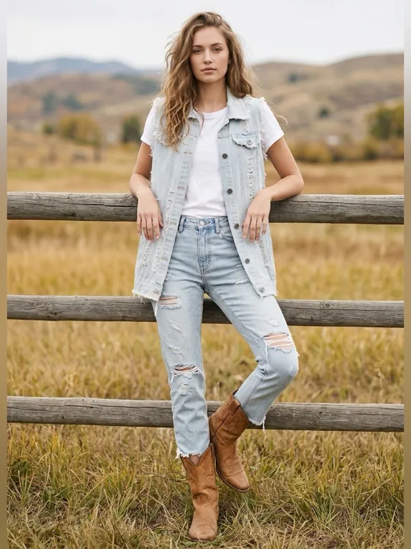Distressed Denim Vest Womens Medium Long Length Western Cowgirl Rodeo Festival - Image 11