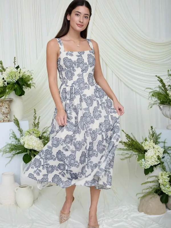 Blu Pepper NEW Navy Blue Floral Jacquard Midi Dress Square Neck Sleeveless size Small - Image 6