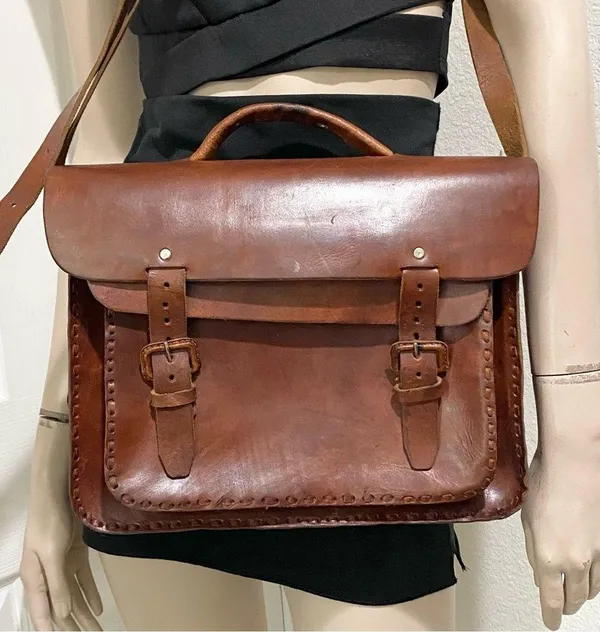 Vintage Handmade Brown Leather Brooklyn Style Briefcase Messenger Satchel Bag - Image 3