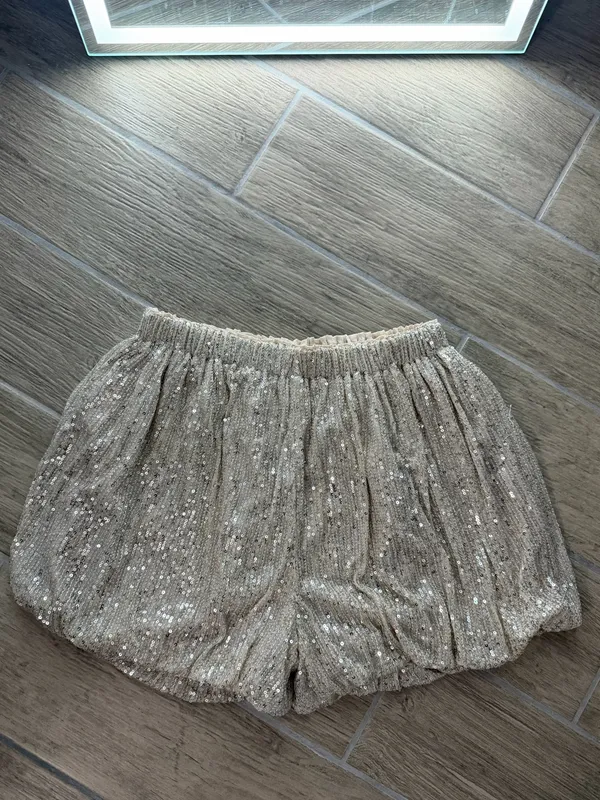 Endless Rose Champagne Sequin High-Waist Bubble Shorts - Image 3