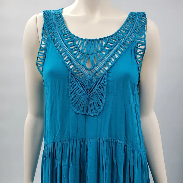 Anthropologie x Mermaid Macrame Maxi Dress M Blue Rayon Flowy Coastal Vacation - Image 4
