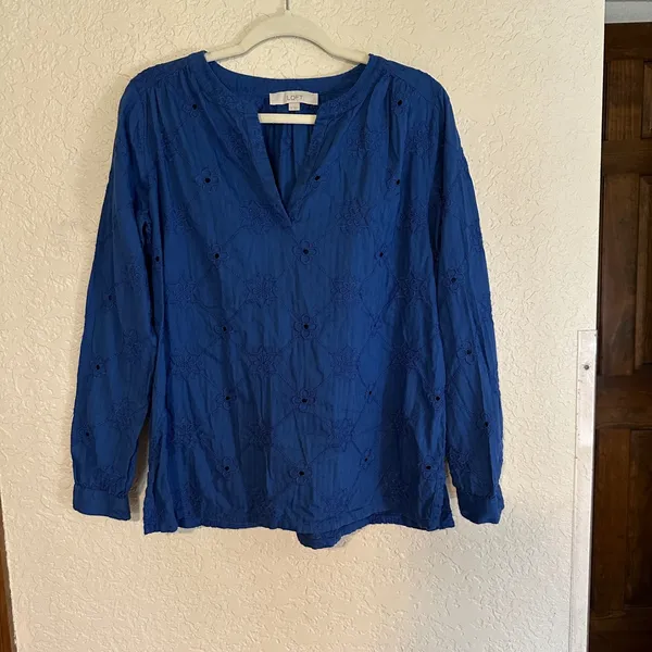LOFT Blue Eyelet SMALL Embroidered Long Sleeve Blouse Top‎ Shirt Womens - Image 3