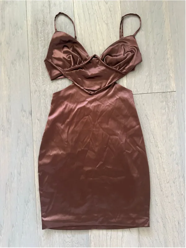 Brown Satin Mini Dress Women's Size Small - Image 2