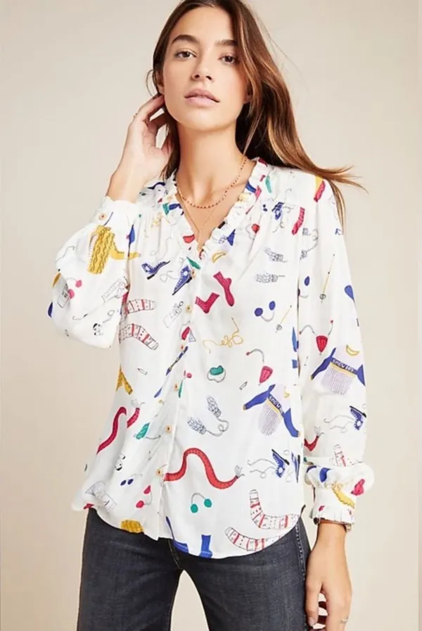 MAEVE Anthropologie Blouse Sz 10 Snow Day Long Sleeve Novelty Whimsical - Image 10