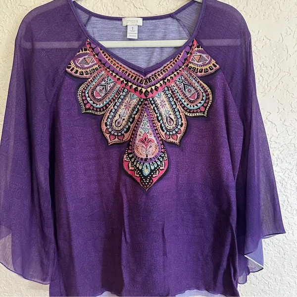 Chico's Top Purple 1‎ Women Embellished Sheer Bell Sleeve Boho - Image 4