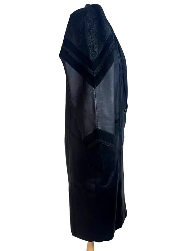 VTG 80s Black Leather Long Trench Duster Coat M Intricate Burnout Suede - Image 6