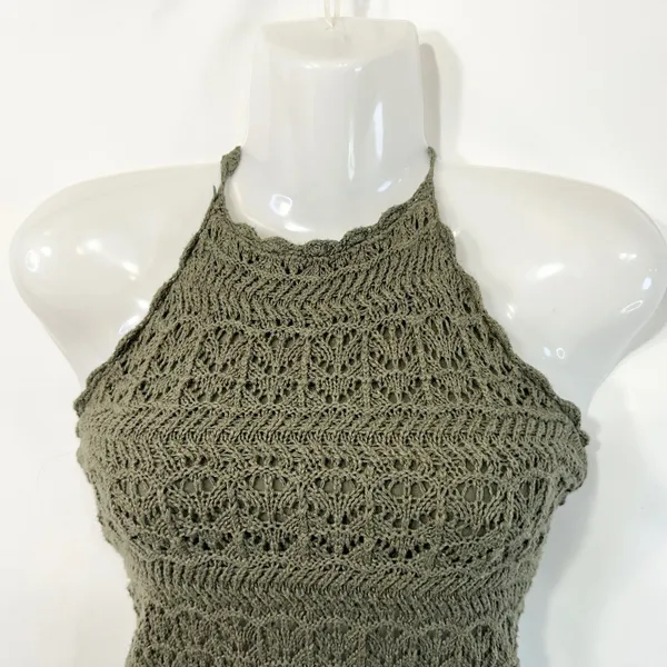 Abercrombie & Fitch XS Halter‎ Top Y2K VTG Crochet Olive Green Cotton Boho 1421 - Image 3
