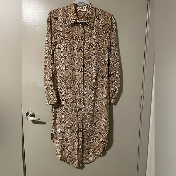Anine Bing Chelsea Silk Brown Snake Python Dress Long Sleeve Shirt Dress‎ Animal - Image 2