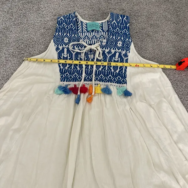 Judith March Cream Dress with Blue Embroidered Yoke and Colorful Tassels - Image 6