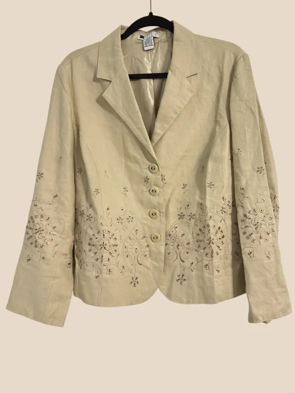 Carole Little Linen Embroidered Blazer Jacket Tan Button Front Floral Eyelet 16W - Image 2
