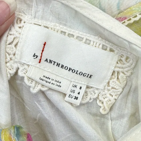 Anthropologie Watercolor Maxi Dress Yellow‎ Pink Blue Smocked Waist Size 4 - Image 2