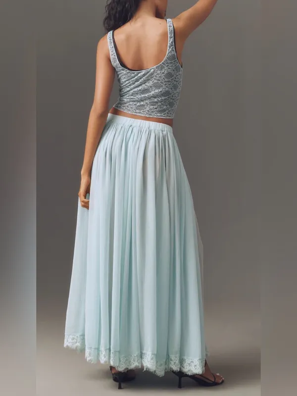 Anthropologie Sheer Lace Trim Maxi Skirt Soft Mint Blue Romantic Coquette S NWOT - Image 2