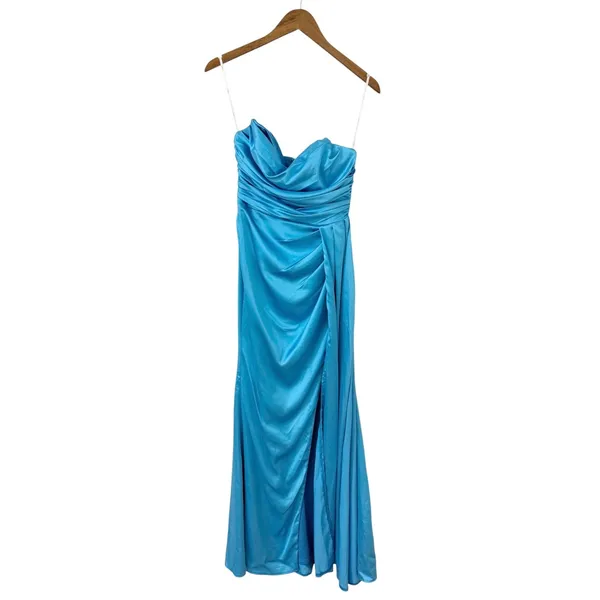 Lulus Ethereal Excellence Teal Blue Satin Pleated Strapless Maxi Dress size S - Image 4