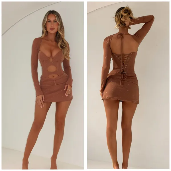 NWT Outcast Aubrey Long Sleeve Mini Dress Tan Corset Festival Sexy Size Small - Image 2