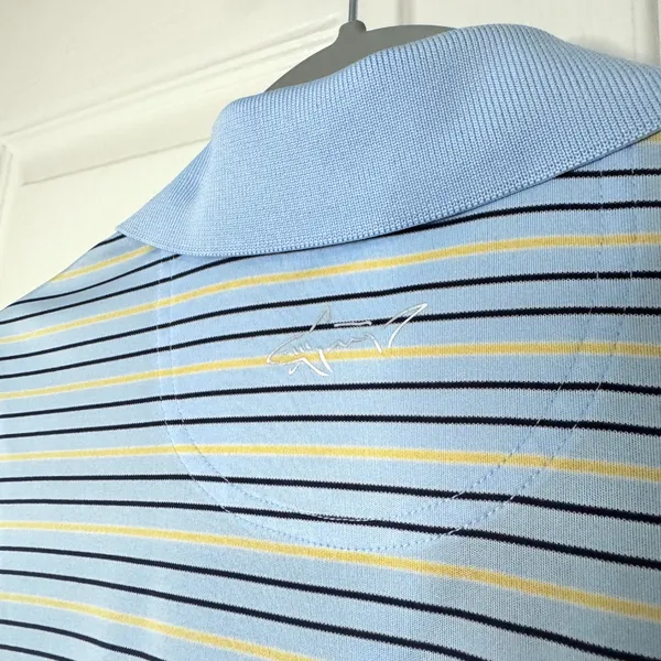 Greg Norman Polo Shirt Light Blue and Yellow Stripes ML75 Microlux Play Dry (M) - Image 8