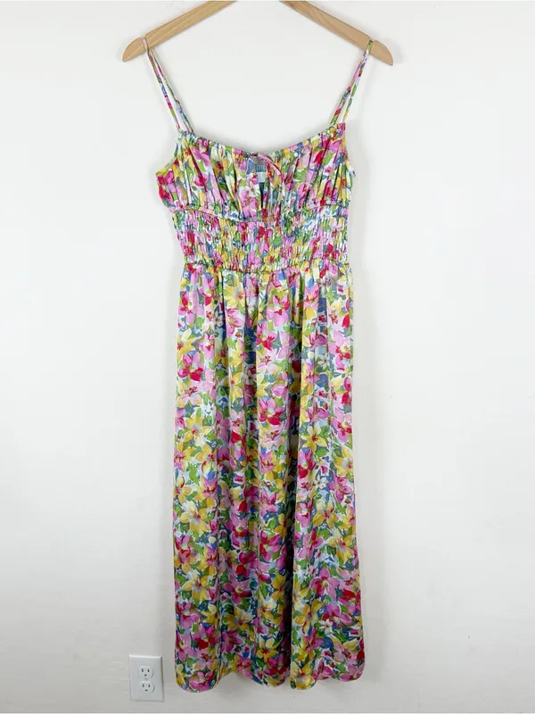 ASTR the‎ Label Floral Satin Smocked Tie Front Midi Dress - Image 3