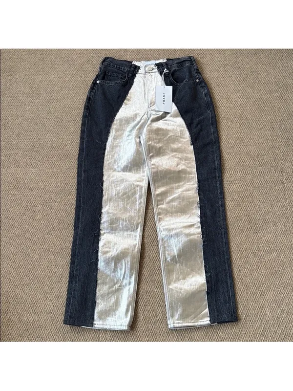 NWT FRAME Pieced Metallic Silver Black Straight Leg Jeans Size 26 Retail $448 - Image 7