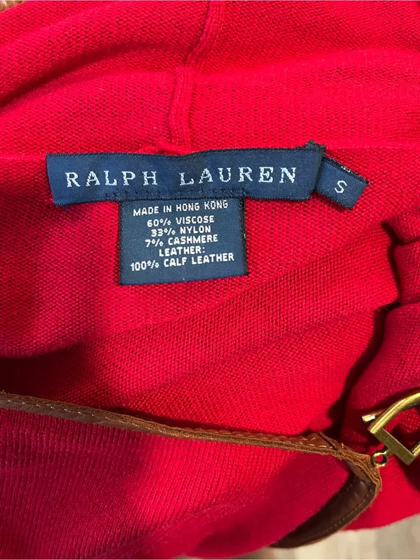 Ralph Lauren Red Drape Open Cardigan Leather Trim Women's Sweater Size Small - Image 5