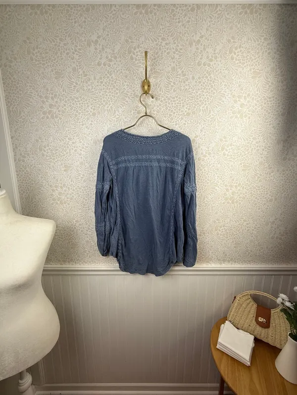Free People Blue Oversized 100% Cotton Crochet Long Sleeve Shirt - Size - XS - Image 4