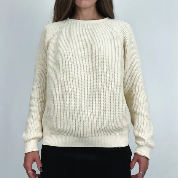 Vintage Raglan Crewneck Pullover Knit Sweater in Cream | Size M - Image 7