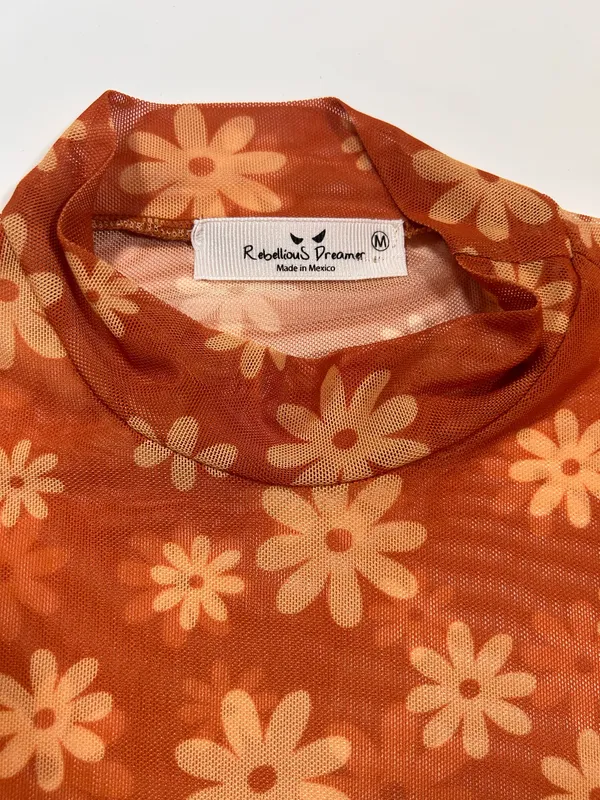 Rebellious Dreamer Orange Daisy Sheer Mesh Mock Neck Top M NWT - Image 2