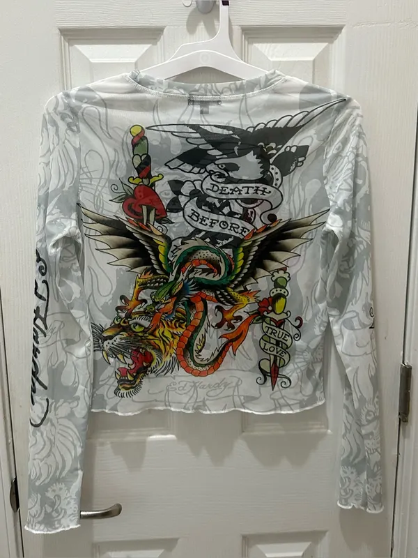 Ed Hardy Dragon Dagger white mesh long sleeve crop top Large Y2K - Image 4