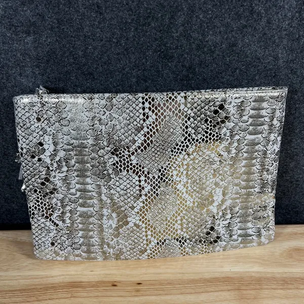 Channing Snakeskin Embossed Tassel Clutch Bag Metallic Gold Cream 12x8 - Image 5