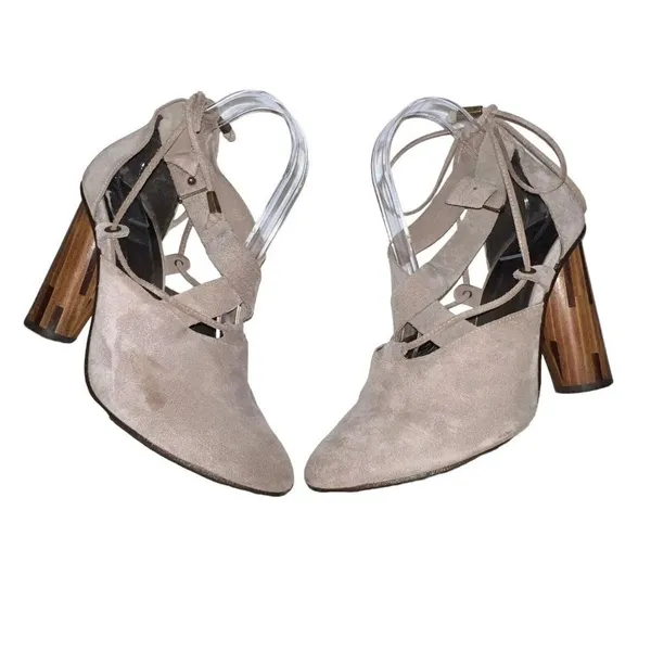 Free People Taupe Nouvella Criss Cross Wrap Chunky Heel Suede Leather Sz 38/6.5‎ - Image 6