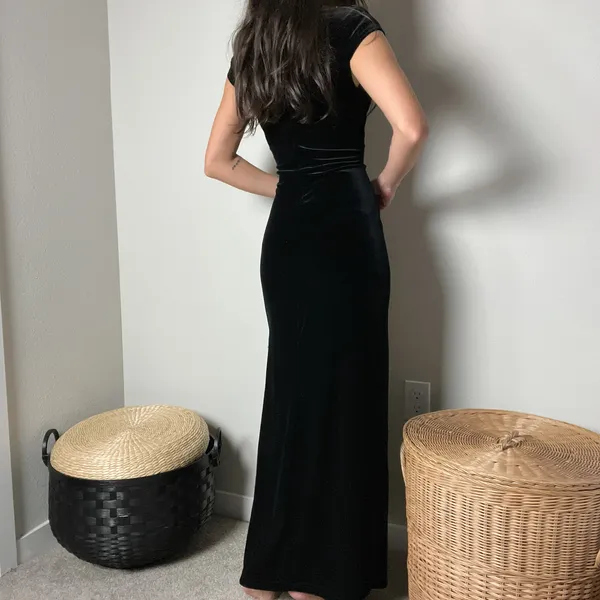 vintage 90s black velvet floral glitter boatneck fitted slit maxi dress gown - Image 5