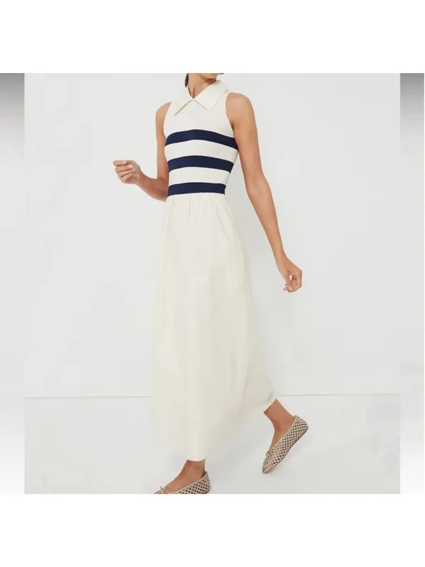 Tuckernuck Ivory Stripe Marina Midi Dress Small Collared Coastal Nautical Prep - Image 3