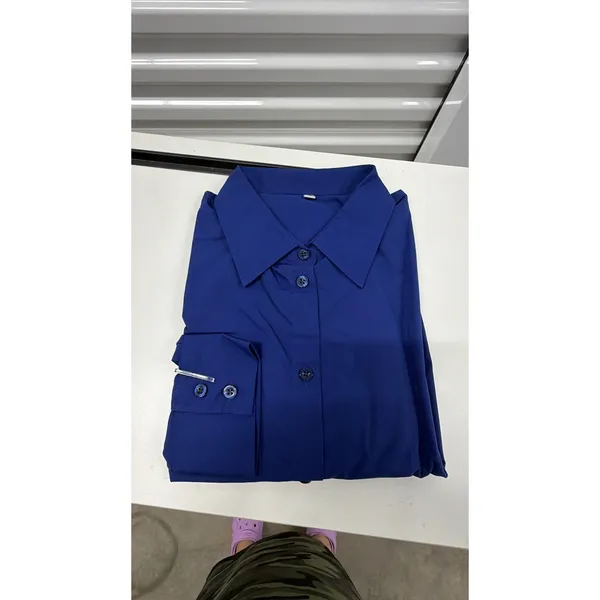 Womens Royal Blue Button Up Long Sleeve Collared Blouse Office Work Shirt size L - Image 2