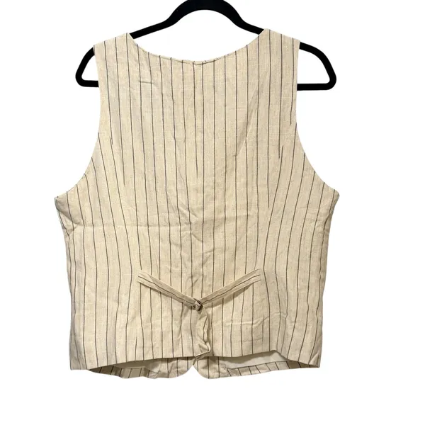 Thread & Supply Women Oatmeal Black Pinstripe Linen Blend Button Front Vest L - Image 2