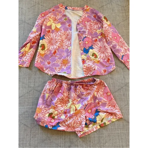 Ekouaer Pink Tropical Floral Button Up Shorts Two Piece Set L - Image 2