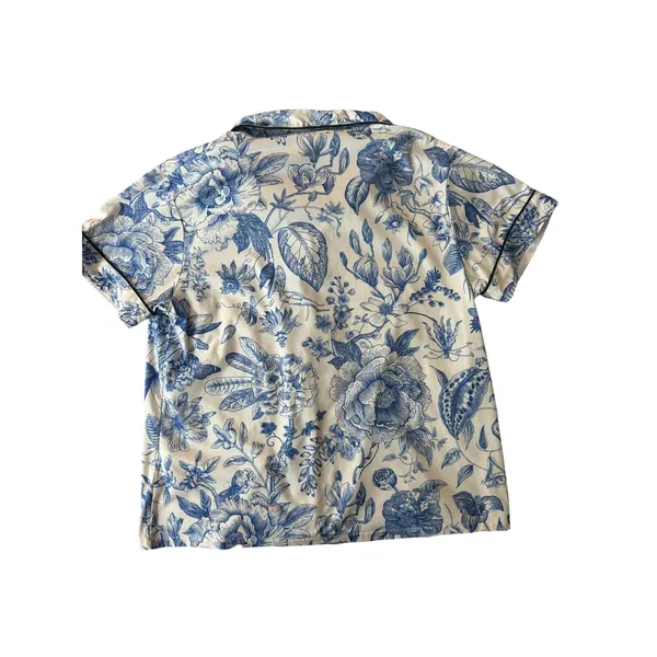 Blue White Floral Pajama Set Medium Button Front Shorts Lounge Sleepwear - Image 7