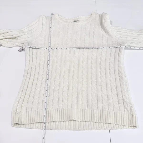 LL Bean Ivory Pullover Cable Crew‎ Neck Long Sleeve Cotton Sweater Size MEDIUM - Image 8