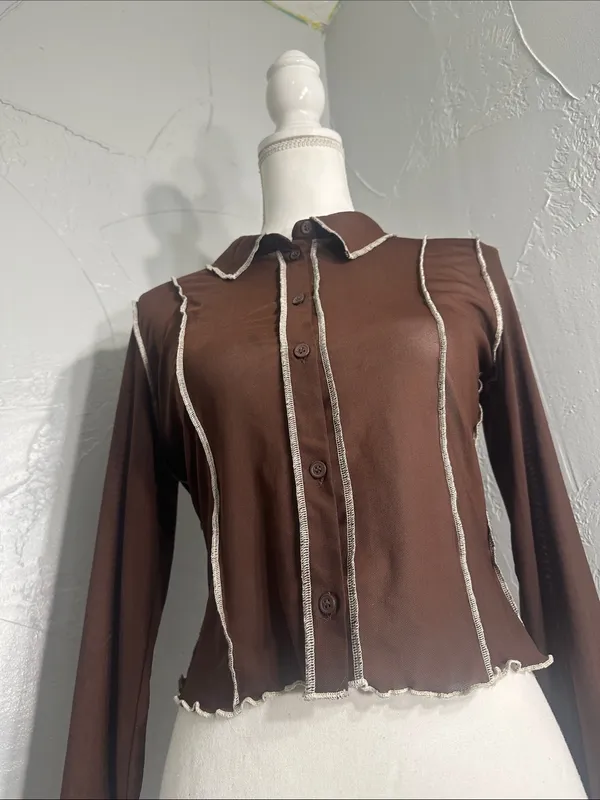 Divided Dark Brown Long-Sleeve Button-Down Top with Contrast Seams - Image 6