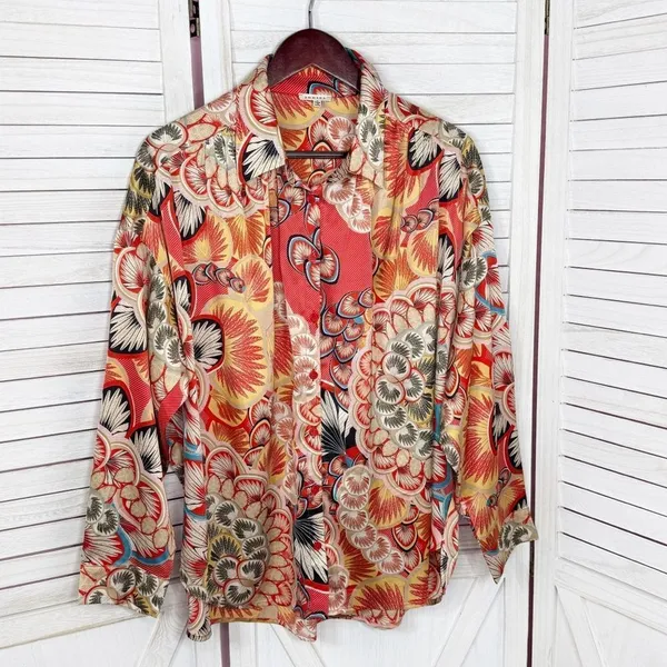 Jodifl Boho‎ Printed Satin Button Up Blouse Shirt Orange Multi Large - Image 8