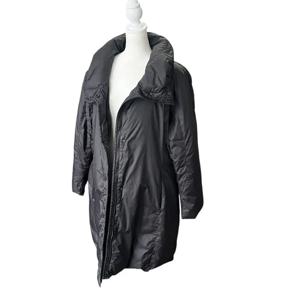 Eileen Fisher Long Down Puffer Coat Eggshell Gray Stand Collar Size L - Image 5