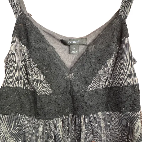 VTG Express Grey Black Abstract Mesh Lace Trim Babydoll Cami Top M Y2K Club Rave - Image 3