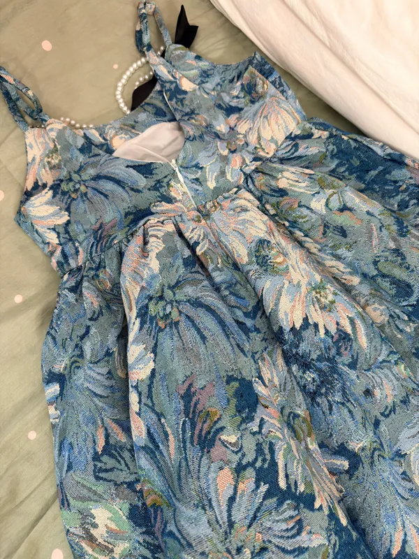 Blue White Floral Jacquard Mini Dress Square Neck Bow Pearl（only ONE‼️ BOW) - Image 6