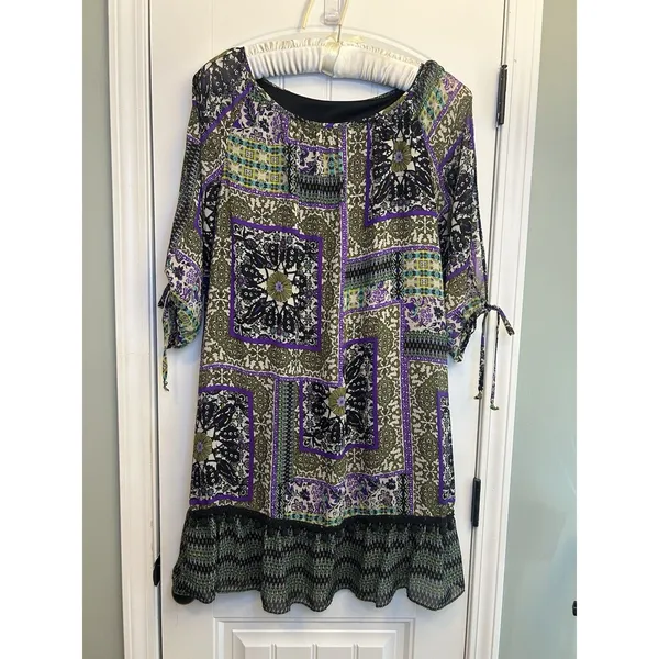 Women’s XL Purple Olive Patchwork Print Tunic Dress Ruffle Hem Tie Sleeves Boho - Image 10