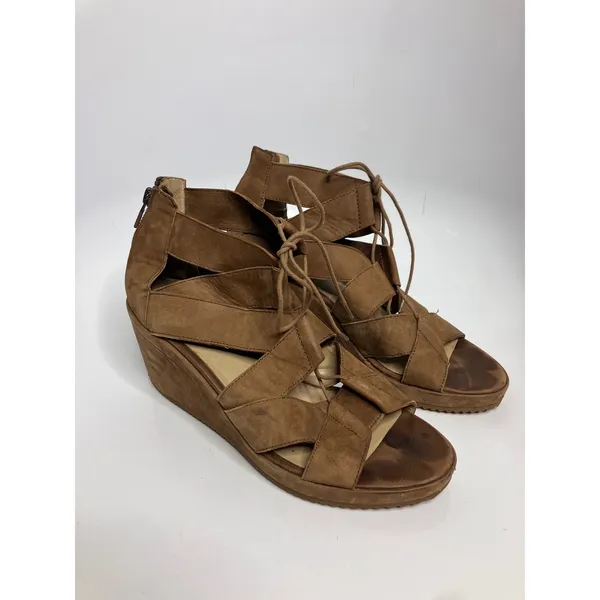 Eileen Fisher Wedge Sandals Womens 9 Brown Fair Suede Lace Up Gladiator Zip - Image 3